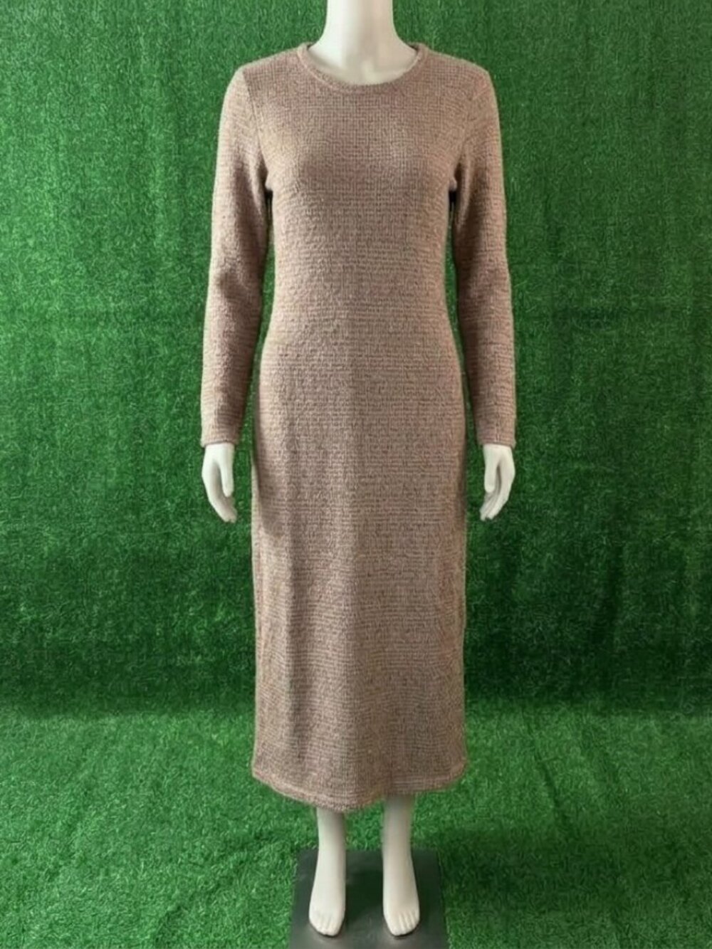 Connected Apparel Size L Taupe Open Knit Maxi silhouette Dress Long Sleeve Lined